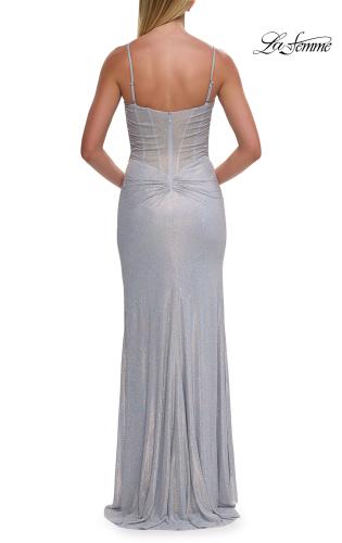 Picture of: Cowl Neck Rhinestone Gown with Side Ruching and High Slit in Light Blue, Style: 33272, Detail Picture 10