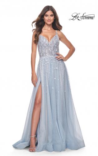 Picture of: A-Line Tulle Gown with Unique Floral and Rhinestone Details in Light Blue, Style: 32215, Detail Picture 1