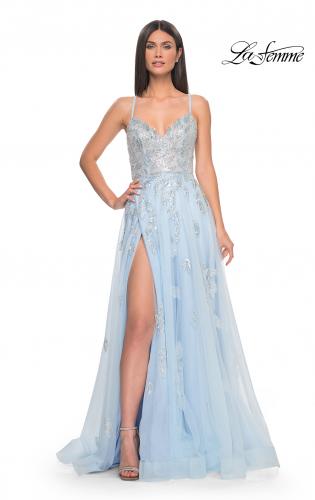 Picture of: Two Tone Tulle A-Line Prom Dress with Floral Beaded Detail in Light Blue, Style: 32090, Detail Picture 3