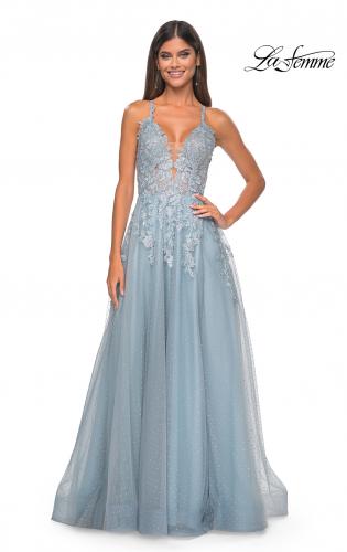 Picture of: Lace Embellished A-line Dress with Lace Up Back in Light Blue, Style: 32147, Detail Picture 4