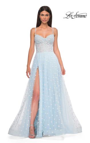 Picture of: Polka Dot Tulle Prom Dress with Sheer Corset Top in Light Blue, Style 32716, Detail Picture 4
