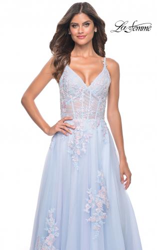 Picture of: A-Line Tulle Prom Dress with Scattered Lace Applique in Light Blue, Style: 31939, Detail Picture 5