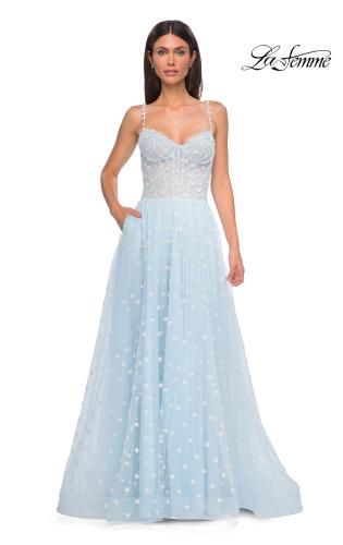 Picture of: Polka Dot Tulle Prom Dress with Sheer Corset Top in Light Blue, Style 32716, Detail Picture 6