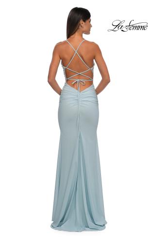 Picture of: Ruched Net Jersey Gown with Square Neckline in Light Blue, Style: 33086, Detail Picture 6