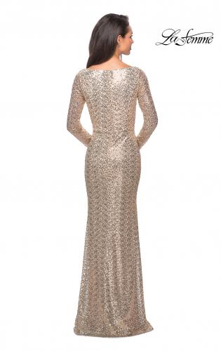 Picture of: Long Sleeve Sequined Gown with Soft V-Neckline in Light Gold, Style: 25331, Back Picture