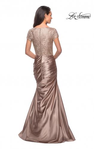 Picture of: Long Gown with Short Sleeve Lace Bodice and Ruching in Light Gold, Style: 26404, Back Picture