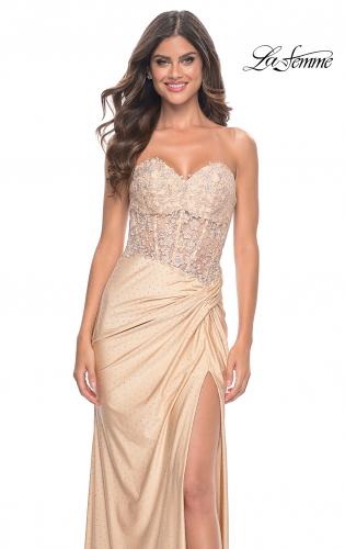 Picture of: Sheer Lace Applique Bodice Dress with Jersey Skirt in Light Gold, Style: 32301, Detail Picture 8
