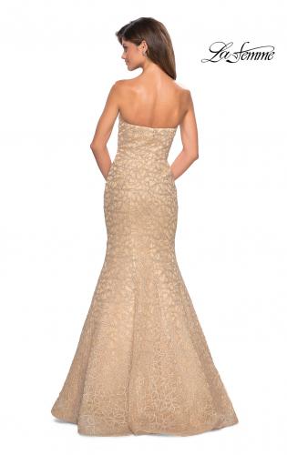 Picture of: Long Mermaid Metallic Lace Strapless Prom Dress in Light Gold, Style: 27267, Back Picture