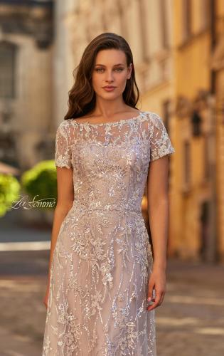 Picture of: Short Sleeve Embroidered A-Line Gown with Illusion Neckline in Light Mauve, Style: 31838, Detail Picture 1