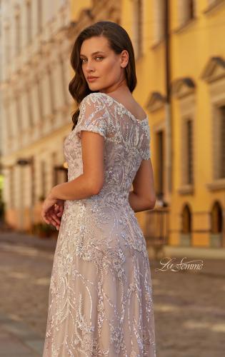 Picture of: Short Sleeve Embroidered A-Line Gown with Illusion Neckline in Light Mauve, Style: 31838, Detail Picture 2