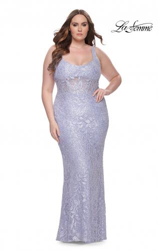 Picture of: Fitted Beaded Lace Plus Size Prom Dress with Illusion Waist in Light Periwinkle, Style: 31535, Detail Picture 1