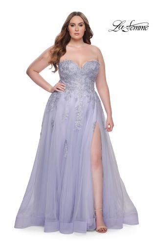 Picture of: Strapless Lace and Tulle A-Line Plus Gown with Tie Back in Light Periwinkle, Style: 31570, Detail Picture 2