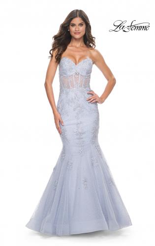 Picture of: Mermaid Strapless Dress with Illusion Bodice and Lace Applique in Light Periwinkle, Style: 32214, Main Picture