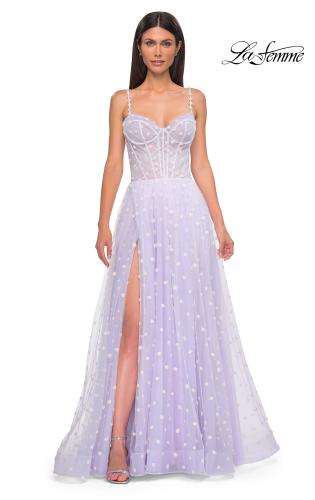 Picture of: Polka Dot Tulle Prom Dress with Sheer Corset Top in Light Periwinkle, Style 32716, Detail Picture 8