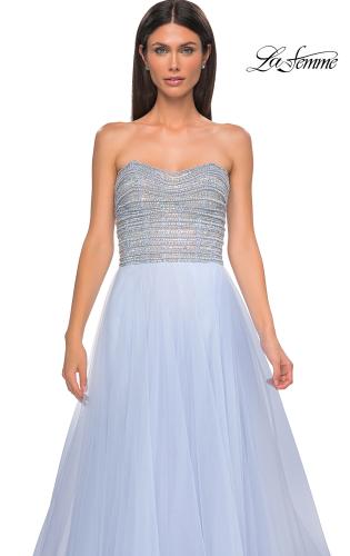 Picture of: Beautiful A-line Tulle Prom Dress with Pearl and Rhinestone Bodice in Light Periwinkle, Style 32875, Detail Picture 8