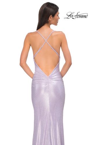 Picture of: Metallic Rhinestone Jersey Dress with Ruching and Low Back in Light Periwinkle, Style 32835, Detail Picture 10