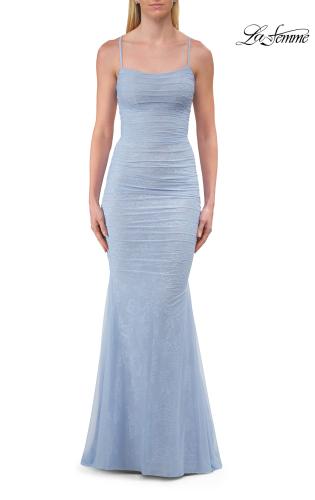 Picture of: Ruched Lace Fitted Gown with Strappy Open Back in Light Periwinkle, Style: 33857, Detail Picture 13