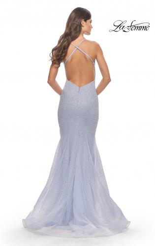 Picture of: Mermaid Rhinestone Tulle Gown with Open Back in Neon in Light Periwinkle, Style: 31407, Back Picture