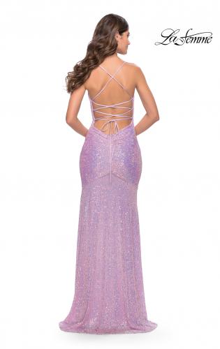 Picture of: Lace Up Back Sequin Gown with Flare Skirt in Bright Colors in Light Periwinkle, Style: 31509, Back Picture