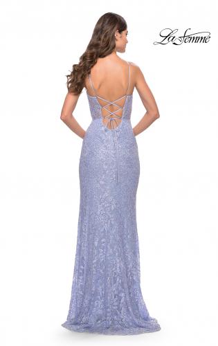 Picture of: Beaded Lace Dress with Illusion Bodice and Square Neckline in Light Periwinkle, Style: 31526, Back Picture