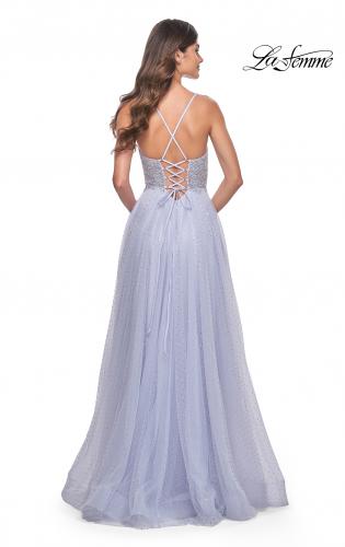 Picture of: Beautiful Rhinestone Beaded Illusion Top Tulle Prom Dress in Light Periwinkle, Style: 32020, Back Picture
