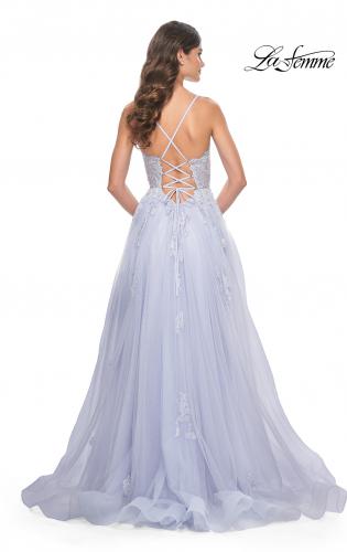 Picture of: A-Line Tulle Gown with Scallop Detail Bodice and Lace Applique in Light Periwinkle, Style: 32028, Back Picture