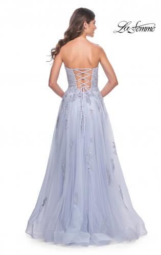 Picture of: Lace Up A-Line Dress with Ruched Bodice and Sweetheart Top in Light Periwinkle, Style: 32084, Back Picture