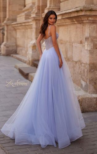 Picture of: Tulle A-line Prom Dress with Rhinestone Detail on Corset Top in Light Periwinkle, Style 32675, Back Picture