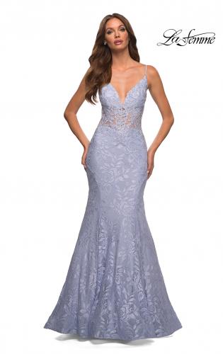 Picture of: Mermaid Lace Prom Dress with Sheer Jeweled Bodice in Light Periwinkle, Detail Picture 1