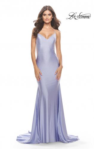Picture of: Dramatic Rhinestone Dress with Sheer Details and Train in Bright Colors in Light Periwinkle, Style: 31403, Detail Picture 2