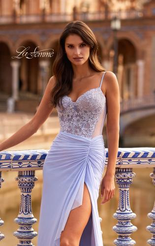 Picture of: Lace Bodice Gown with Ruched Skirt and High Slit in Light Periwinkle, Style: 33661, Detail Picture 2
