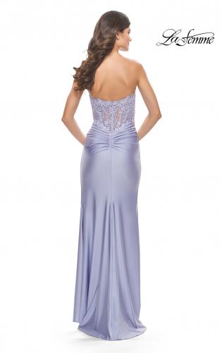 Picture of: Long Dress with Jersey Skirt and Lace Illusion Bodice in Neon in Light Periwinkle, Style: 31411, Detail Picture 3