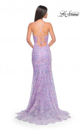 Picture of: Print Sequin Mermaid Dress with Lace Up Back in Light Periwinkle, Style: 31865, Detail Picture 3