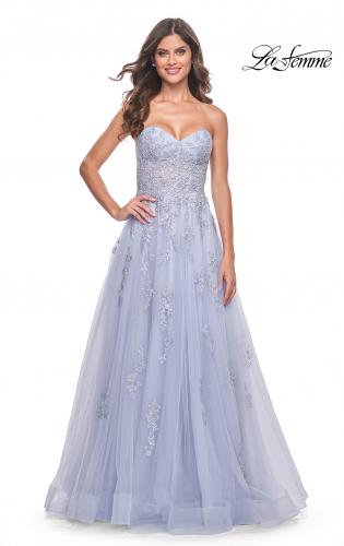 Picture of: Lace Up A-Line Dress with Ruched Bodice and Sweetheart Top in Light Periwinkle, Style: 32084, Detail Picture 4