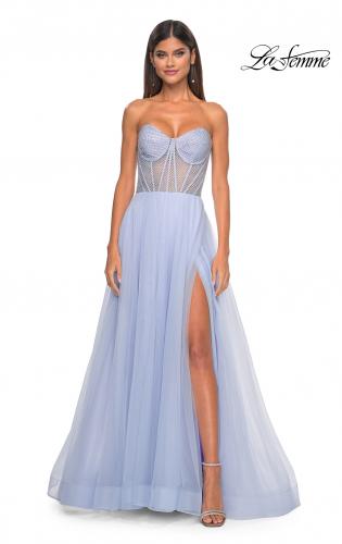Picture of: Neon A-Line Tulle Prom Dress with Rhinestone Fishnet Bodice in Light Periwinkle, Style: 32445, Detail Picture 4