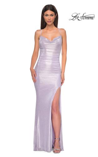 Picture of: Metallic Rhinestone Jersey Dress with Ruching and Low Back in Light Periwinkle, Style 32835, Detail Picture 5