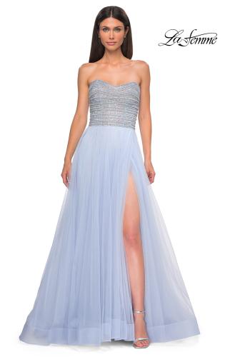 Picture of: Beautiful A-line Tulle Prom Dress with Pearl and Rhinestone Bodice in Light Periwinkle, Style 32875, Detail Picture 5