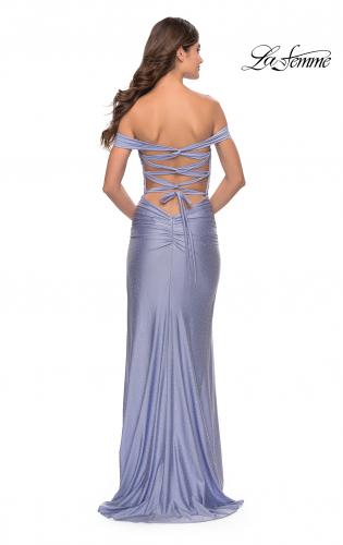 Picture of: Rhinestone Off the Shoulder Dress with Lace Up Back in Light Periwinkle, Style: 31276, Detail Picture 6