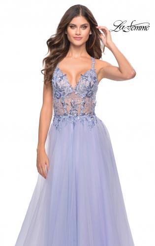 Picture of: Tulle A-Line Gown with Sheer Bodice and Beaded Lace Detail in Light Periwinkle, Style: 31369, Detail Picture 6