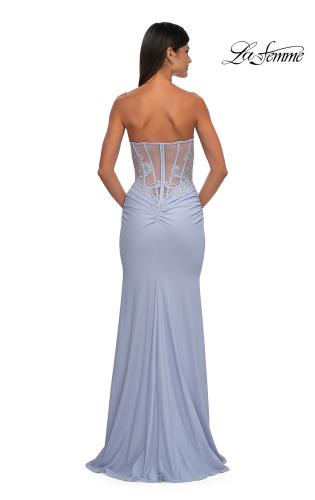 Picture of: Strapless Prom Dress with Illusion Top and Unique Lace Details in Light Periwinkle, Style: 33031, Detail Picture 6