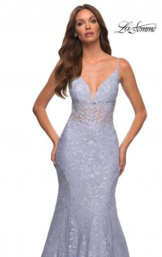 Picture of: Mermaid Lace Prom Dress with Sheer Jeweled Bodice in Light Periwinkle, Detail Picture 7