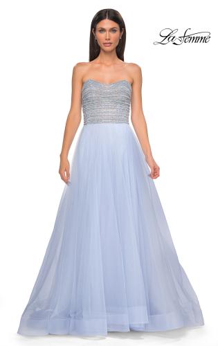 Picture of: Beautiful A-line Tulle Prom Dress with Pearl and Rhinestone Bodice in Light Periwinkle, Style 32875, Detail Picture 7