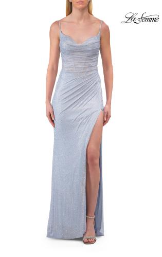 Picture of: Sheer Corset Fitted Gown with Slit and Ruched Detail in Light Periwinkle, Style: 33358, Detail Picture 7