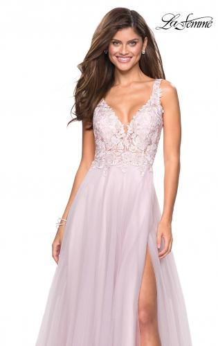 Picture of: Floor Length Tulle Gown with Plunging Lace Bodice in Light Pink, Style: 27621, Main Picture