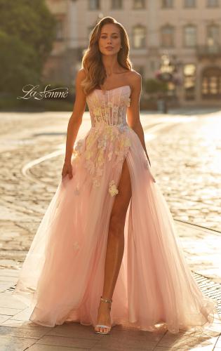 Picture of: Floral Corset Tulle Gown with High Slit and Lace-Up Back in Light Pink, Style: 33432, Main Picture