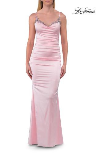 Picture of: Fitted Satin Gown with Jeweled Back Straps in Light Pink, Style: 33798, Detail Picture 9