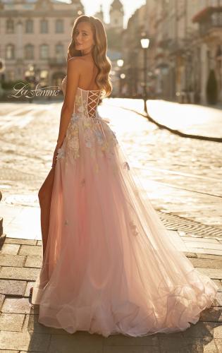 Picture of: Floral Corset Tulle Gown with High Slit and Lace-Up Back in Light Pink, Style: 33432, Back Picture