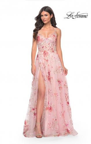 Picture of: Unique Lace Sequin Applique Tulle A-Line Prom Dress in Pink, Style: 32031, Detail Picture 2