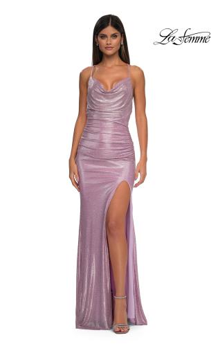 Picture of: Metallic Rhinestone Jersey Dress with Ruching and Low Back in Light Pink, Style: 32835, Detail Picture 7