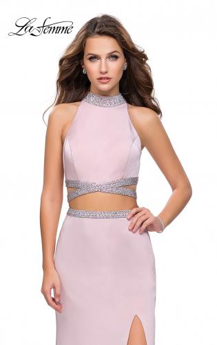 Picture of: Two Piece Prom Gown with Beaded Choker and Leg Slit in Light Blush, Style: 25746, Detail Picture 1